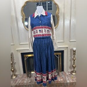 Sharon Young USA Patriotic Flag Print Linen Blend 3-Piece Set Blouse Vest‎ Skirt